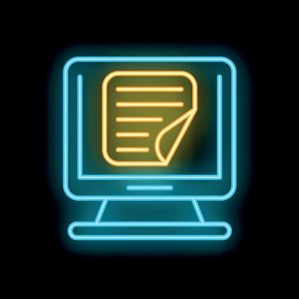 Neon icon of computer monitor displaying digital document vector