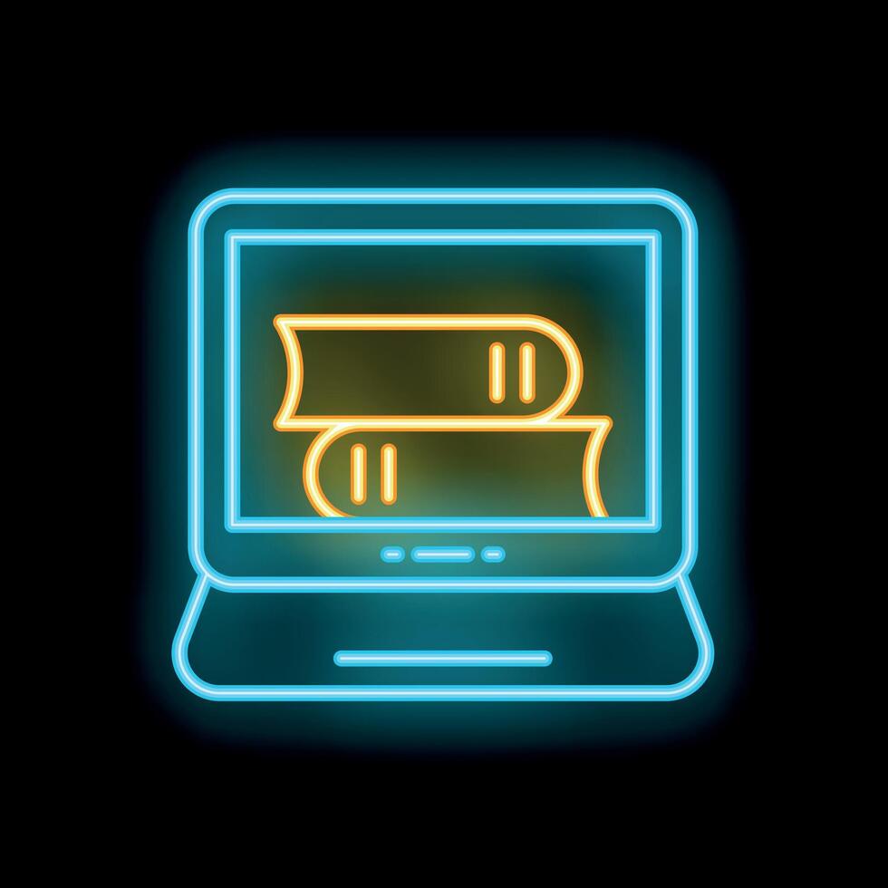 Neon icon of laptop showing books for online education or digital library vector