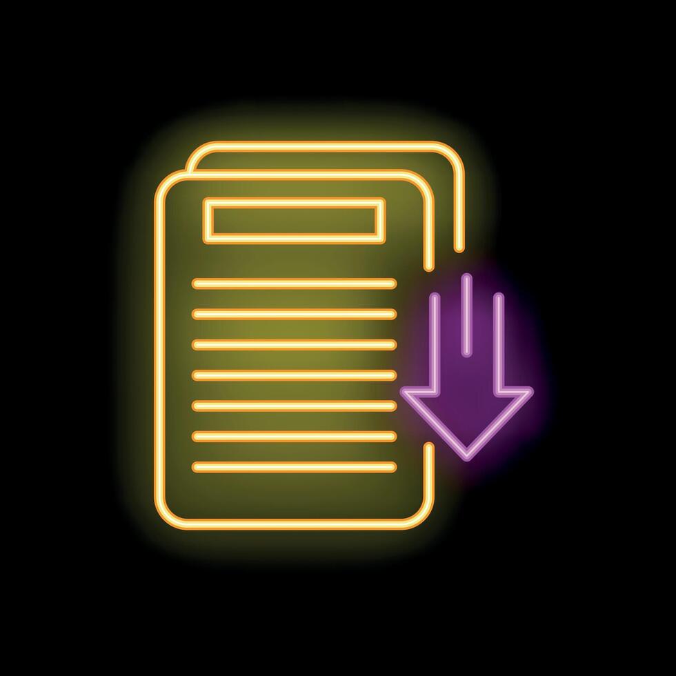 Neon downloading document icon glowing on dark background vector