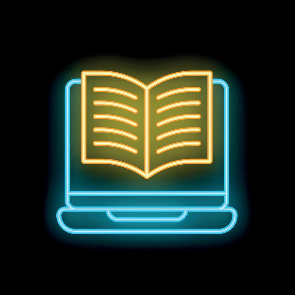 Neon icon of book displaying on laptop screen representing online education vector