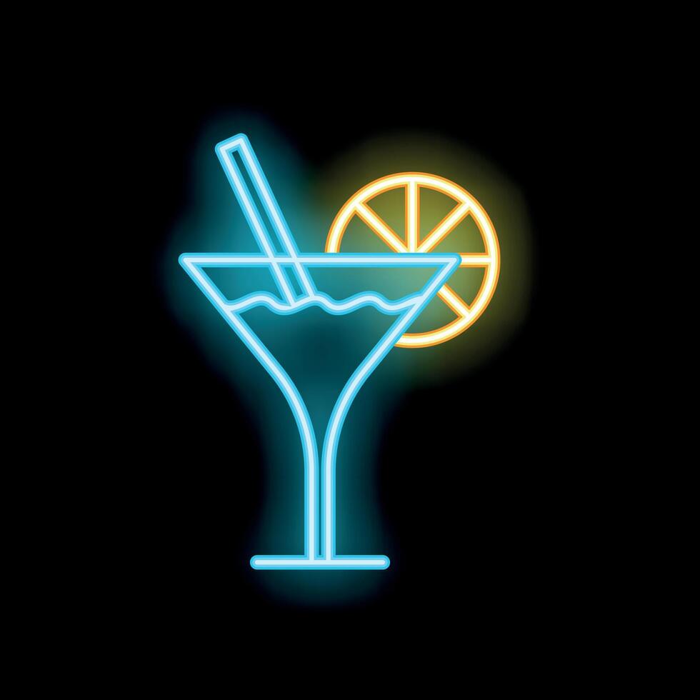 Blue neon sign showing cocktail drink with a slice of orange glowing on black background vector