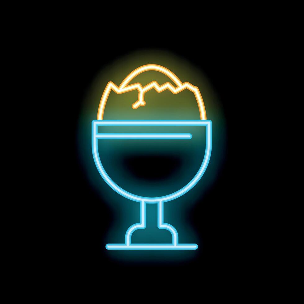 Neon icon of half eaten boiled egg in egg cup glowing on black background vector