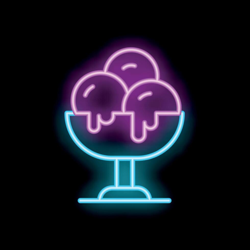Neon sign of melting ice cream sundae in coupe glass on black background vector