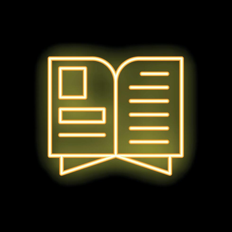 Bright yellow neon open book icon glowing on black background vector