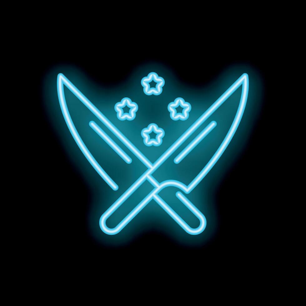Neon style icon of crossed knives and stars shining brightly vector