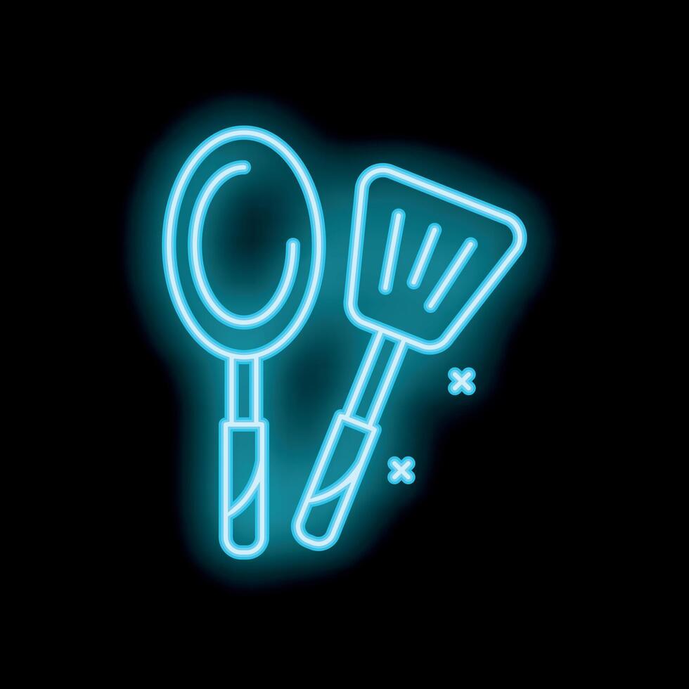 Neon kitchen utensils spatula and spoon glowing on black background vector