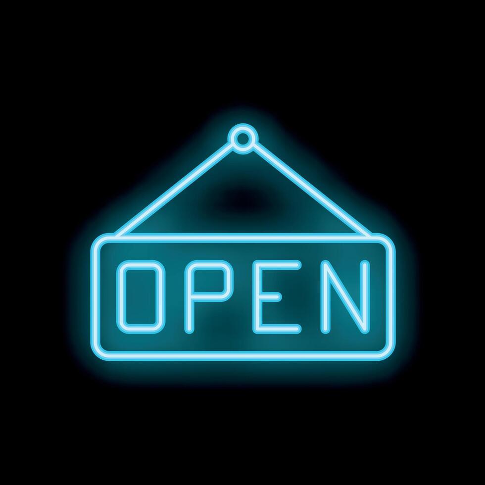Blue neon sign hanging on a window displaying open sign vector