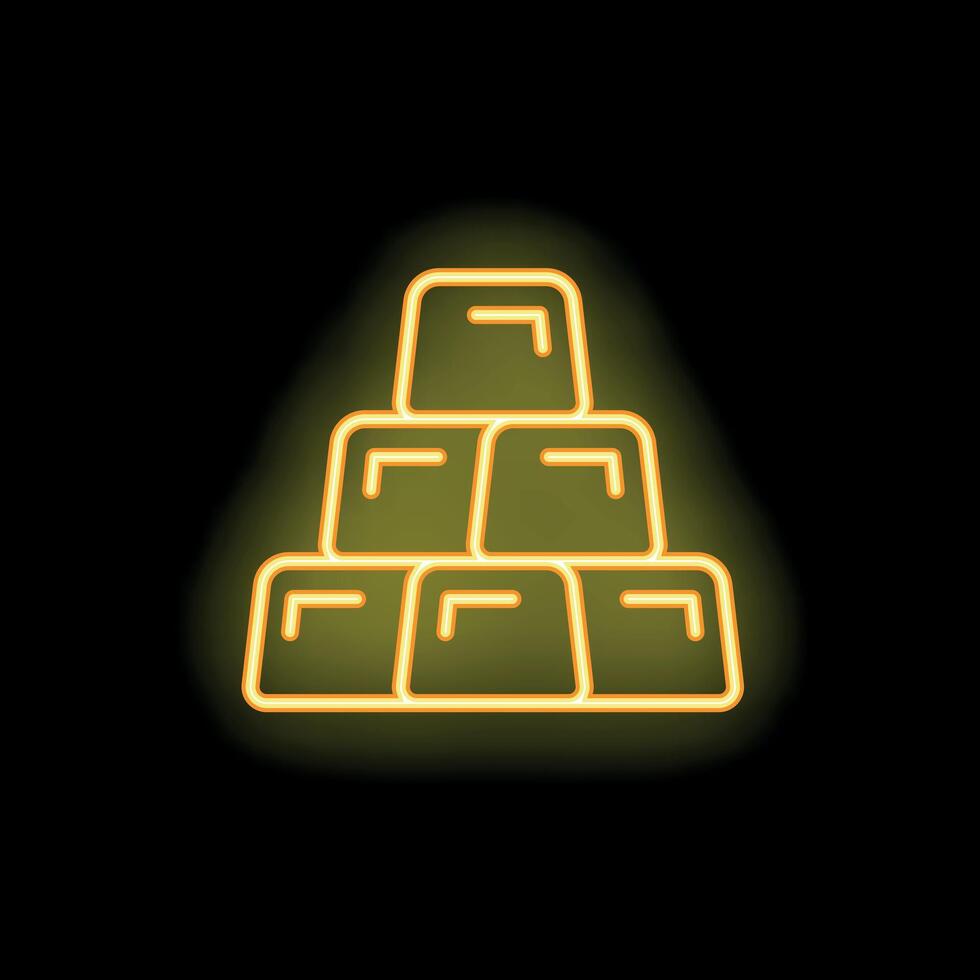 Yellow neon sign of gold bars forming a pyramid on a black background vector