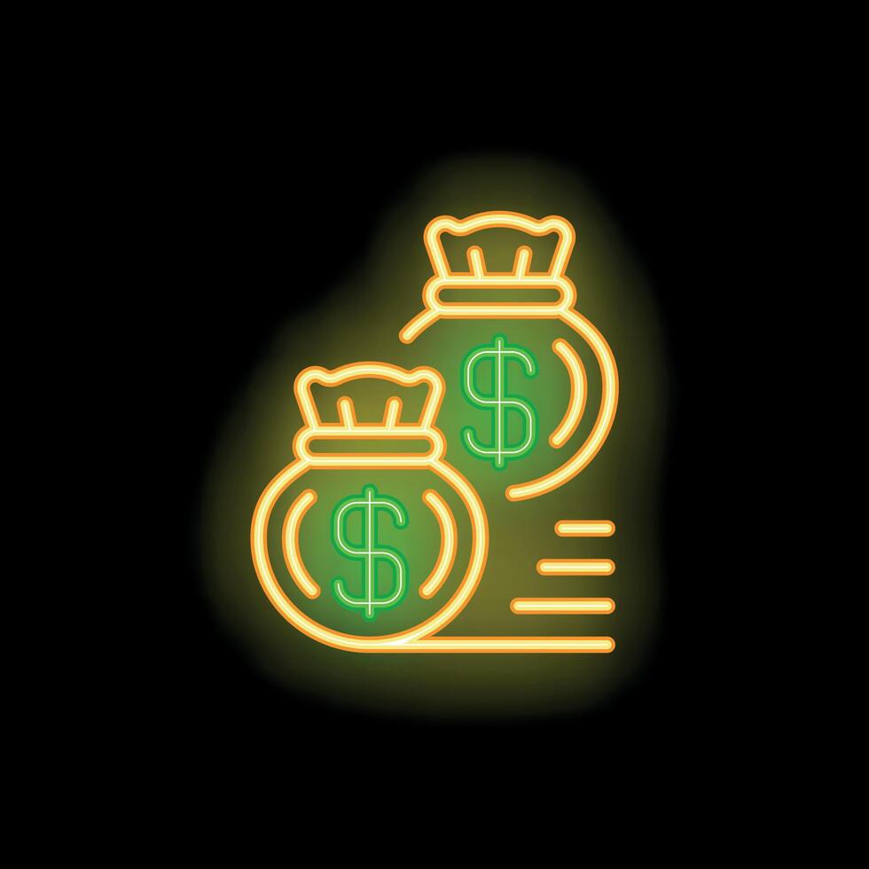 Neon sign representing money transferring with two bags of money and motion lines vector
