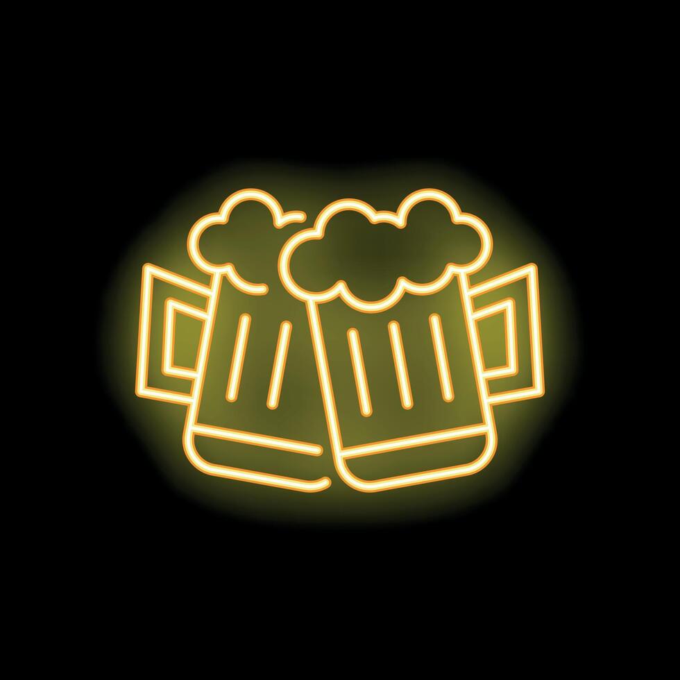 Two foaming beer mugs with neon light effect on black background vector