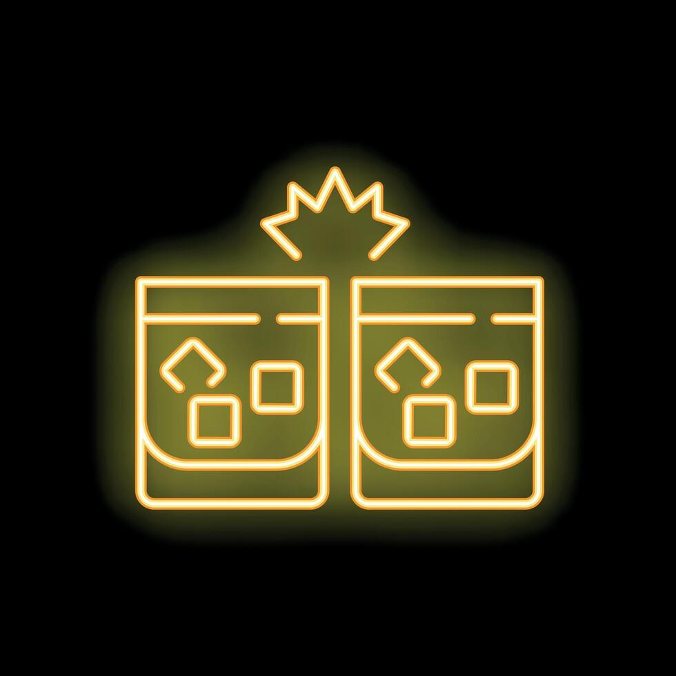 Neon sign showing two glasses touching for a toast with ice cubes and sparkles vector
