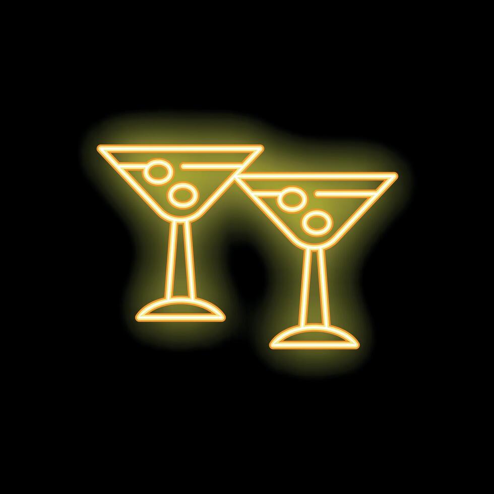 Two neon yellow martini glasses with olives on black background vector