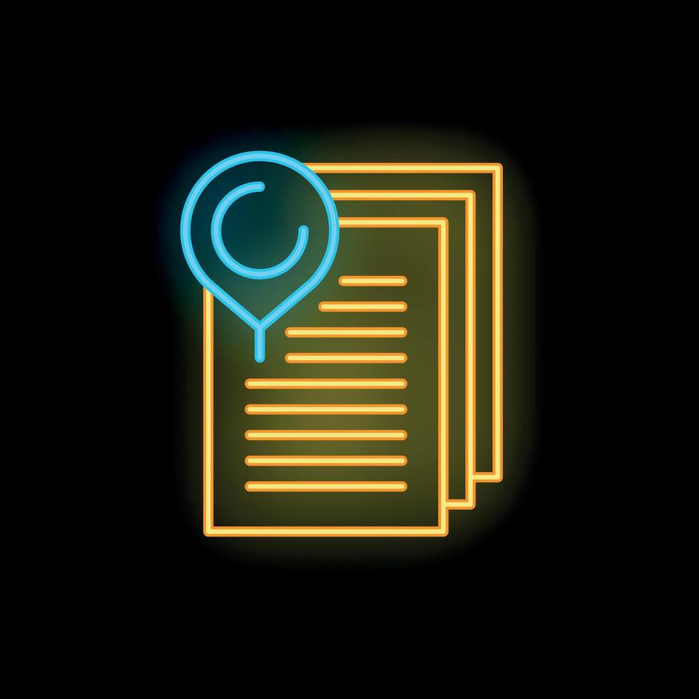 Neon icon of documents with location pin representing online document management vector