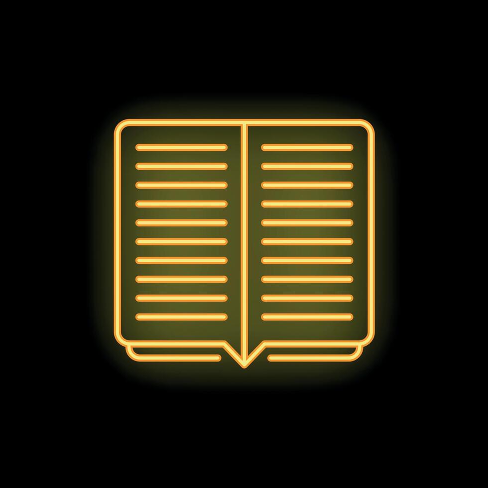 Neon yellow open book glowing on black background vector
