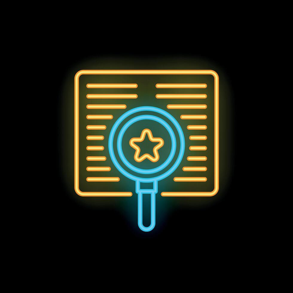Neon icon of magnifying glass searching for star reviews on website page vector