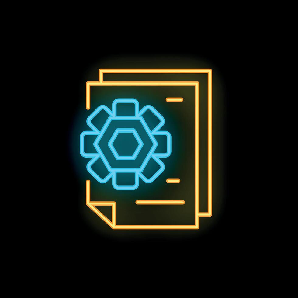 Neon icon of documents with configuration gear sign representing system settings vector