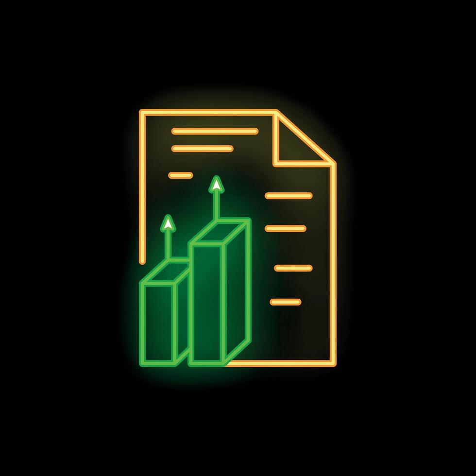 Neon style icon showing document with growing statistics chart on black background vector