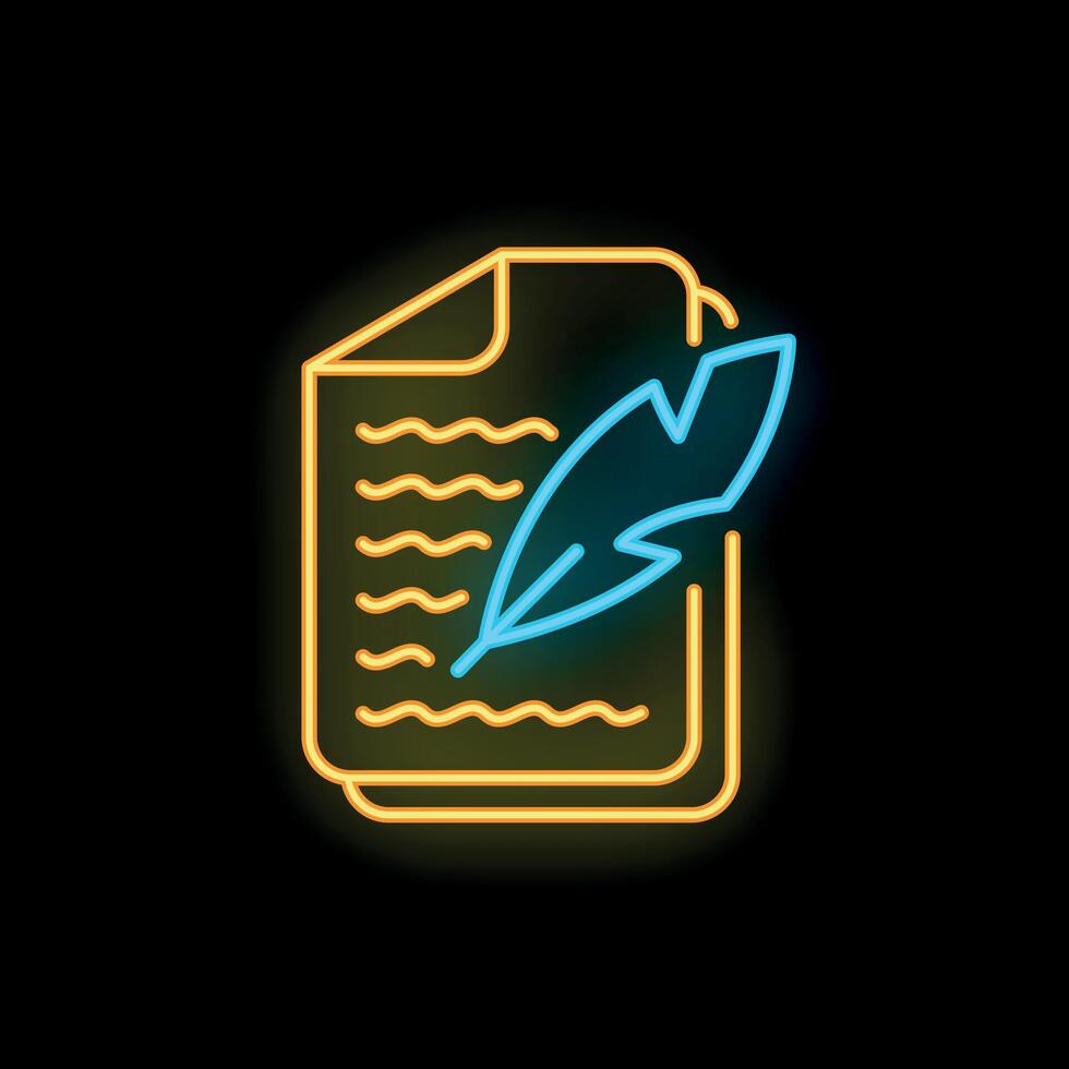 Neon sign representing writing with feather pen on paper vector
