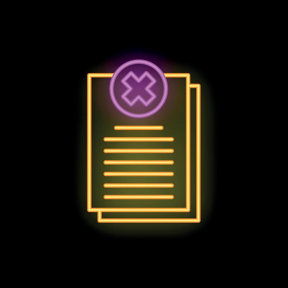 Neon sign showing document with an x on black background vector