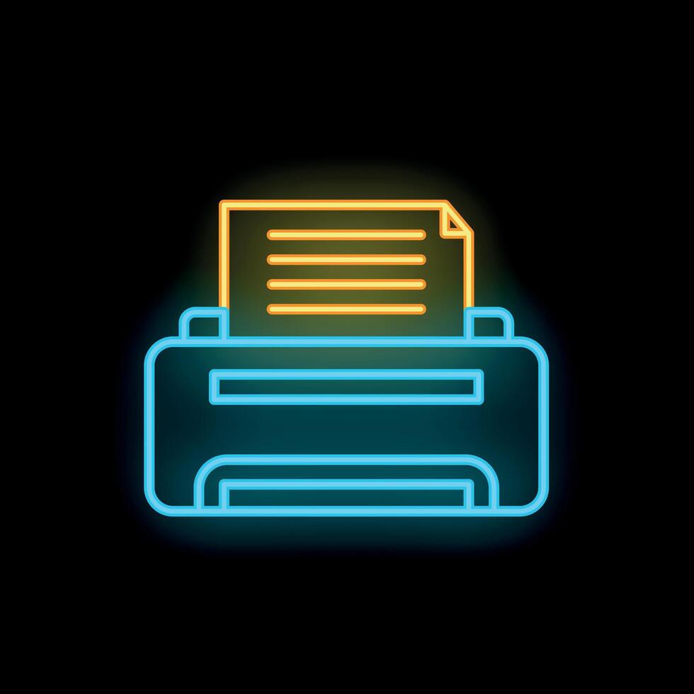 Neon printer icon printing documents on black background vector