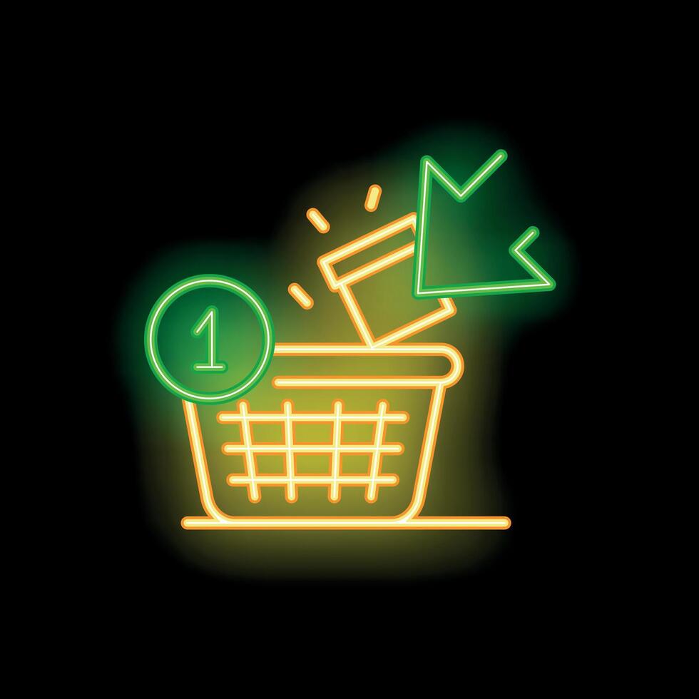 Neon green cursor adding product to yellow shopping cart with counter showing one item vector