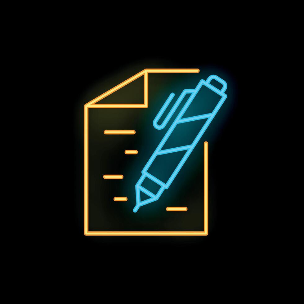 Neon style icon of pen writing on paper for business and education vector
