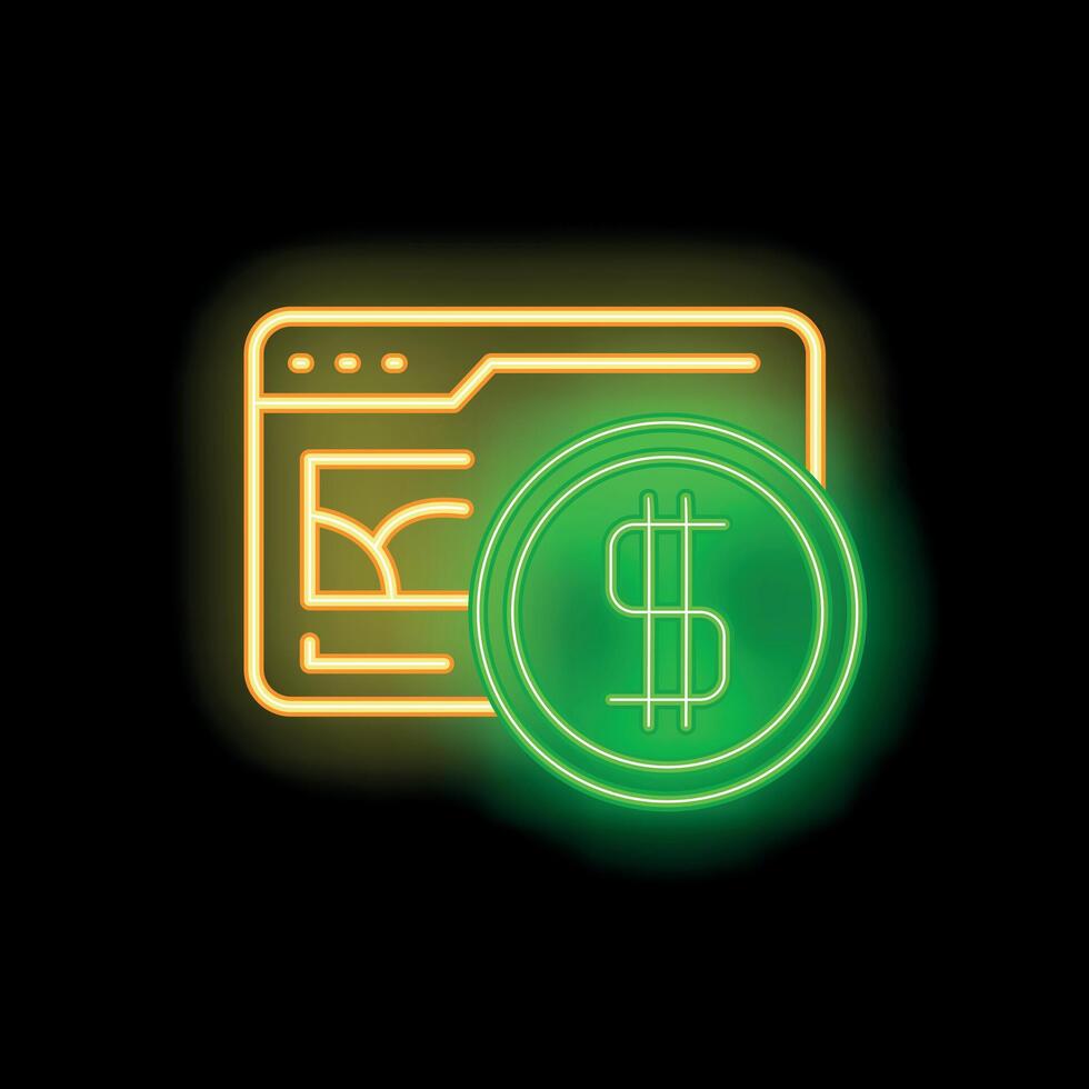 Neon icon of website showing dollar coin representing online earnings vector