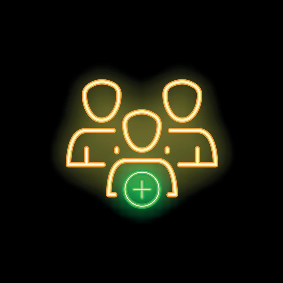 Neon icon of three people adding a new member to their team vector
