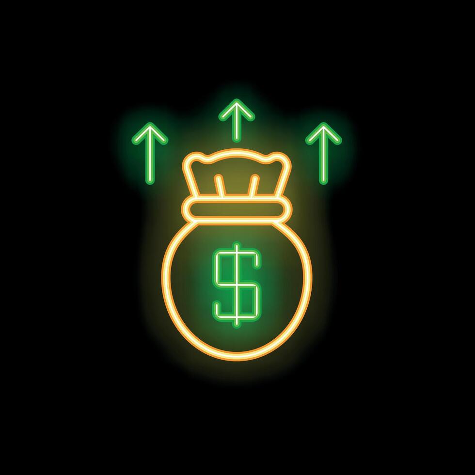 Money bag increasing value with upward arrows neon sign on black background vector