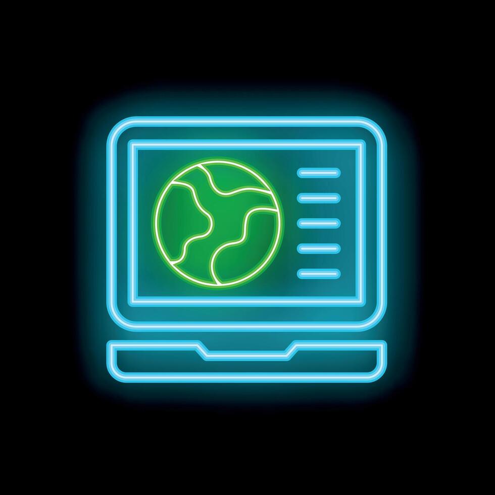 Neon icon of laptop displaying world map for global communication vector