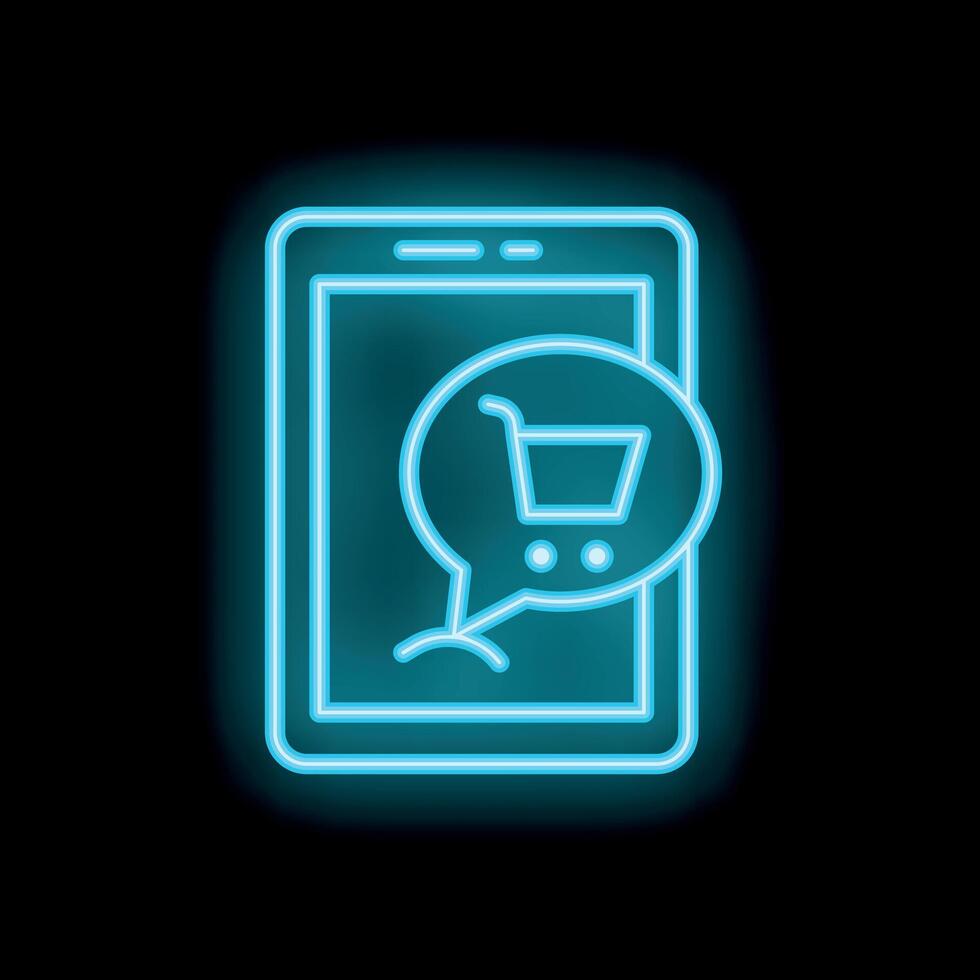 Neon blue smartphone displaying shopping cart in speech bubble for online shopping concept vector