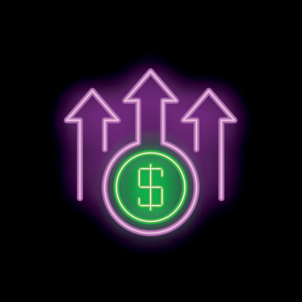 Neon sign representing dollar coin with three arrows pointing up vector