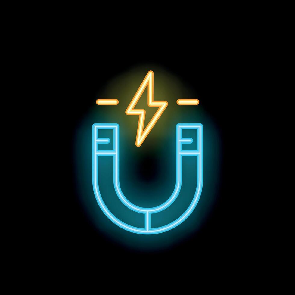 Neon icon of a magnet generating electricity with a lightning bolt vector