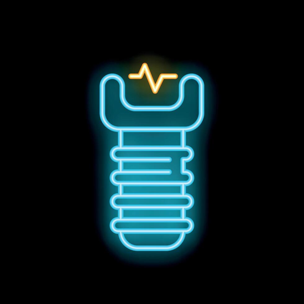 Neon icon of dental implant connecting with heartbeat line showing successful surgery vector