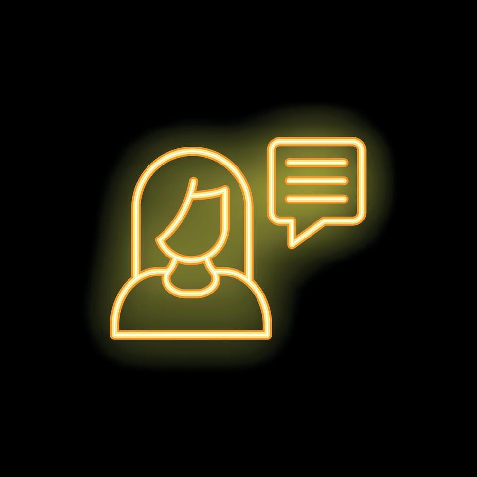 Neon icon of woman talking with speech bubble on black background vector