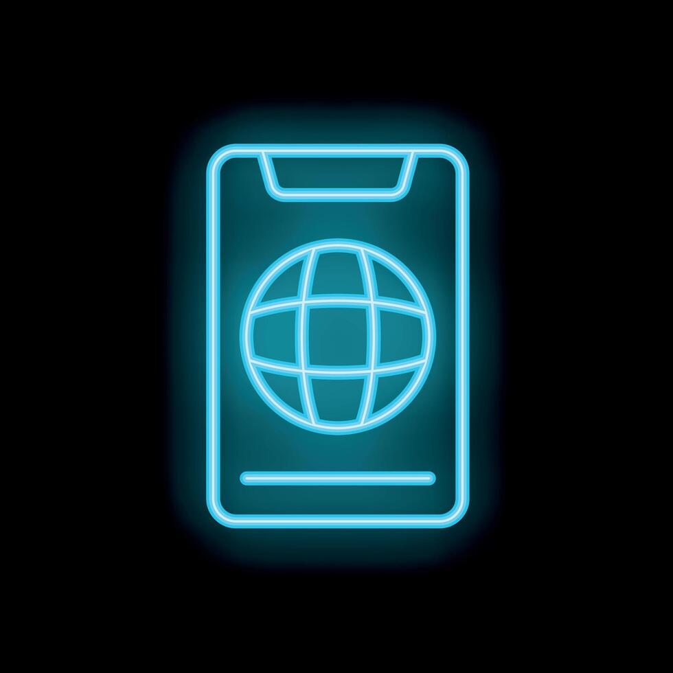 Neon smartphone showing global connection on black background vector