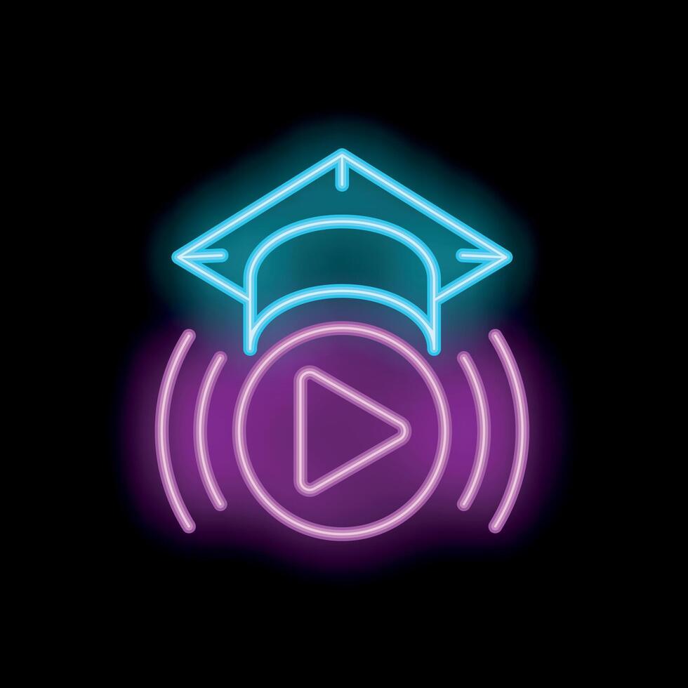 Neon icon of graduation hat floating over play button for online education vector