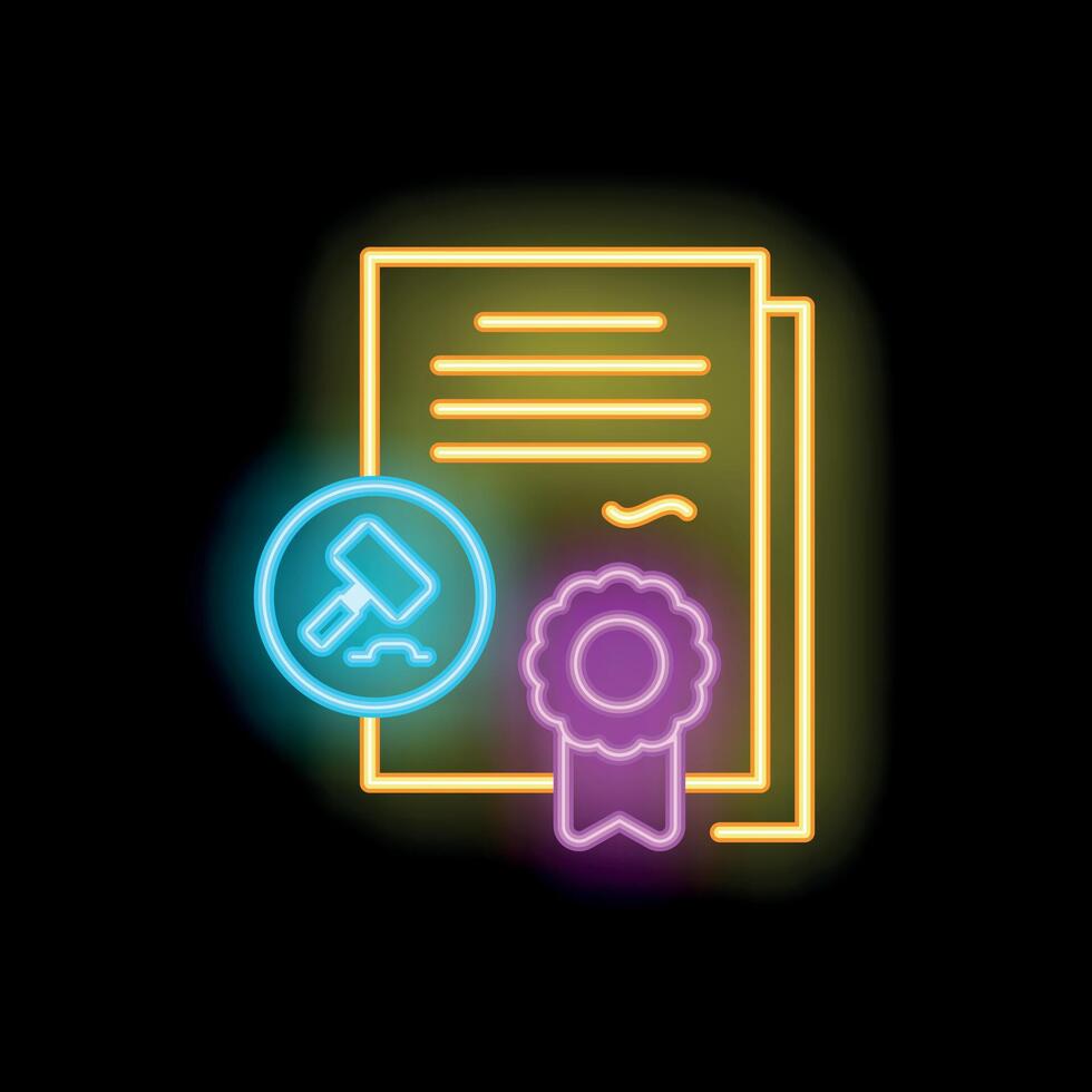 Neon icon style legal document with gavel and award ribbon vector