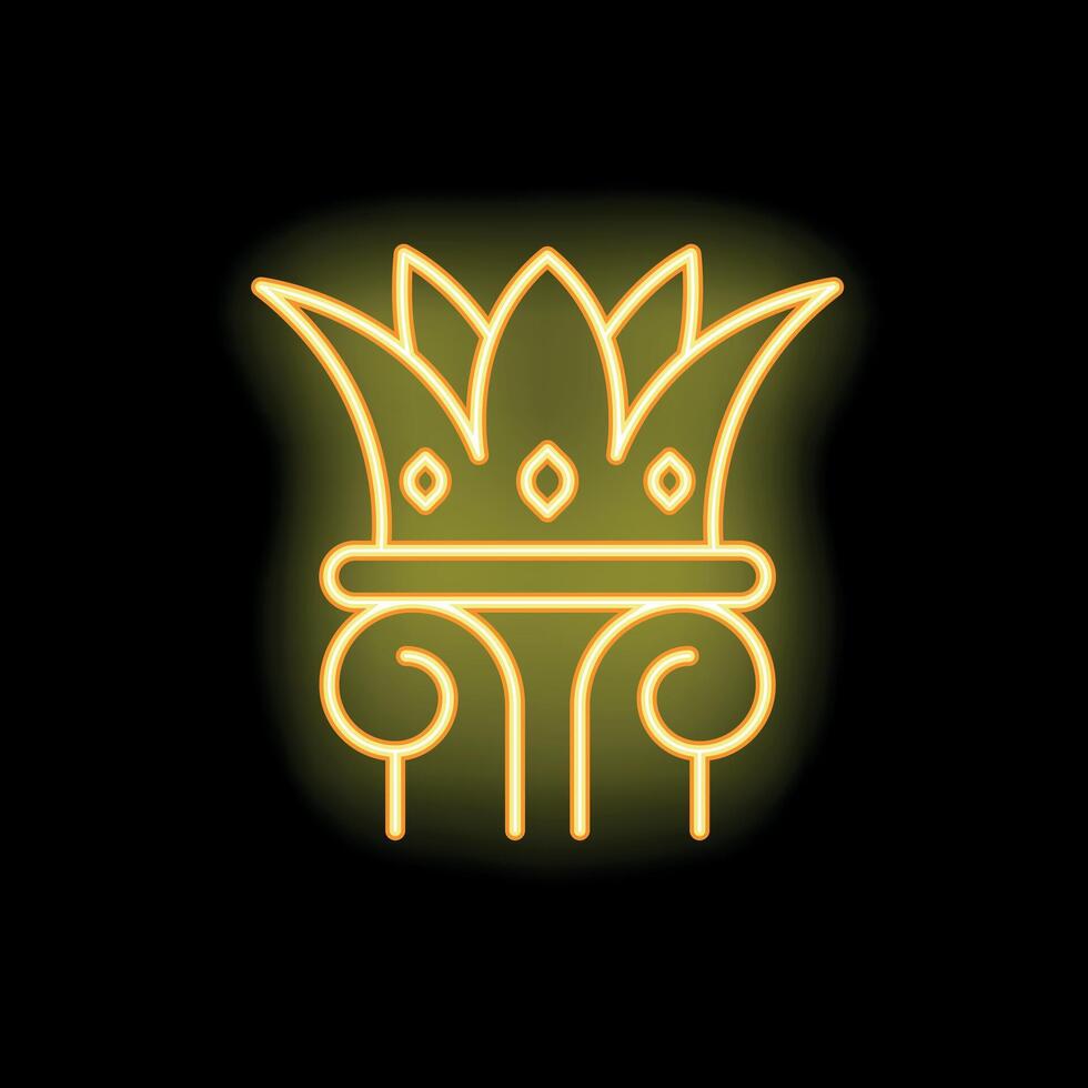 Neon sign showing a crown standing on a column glowing yellow on black background vector