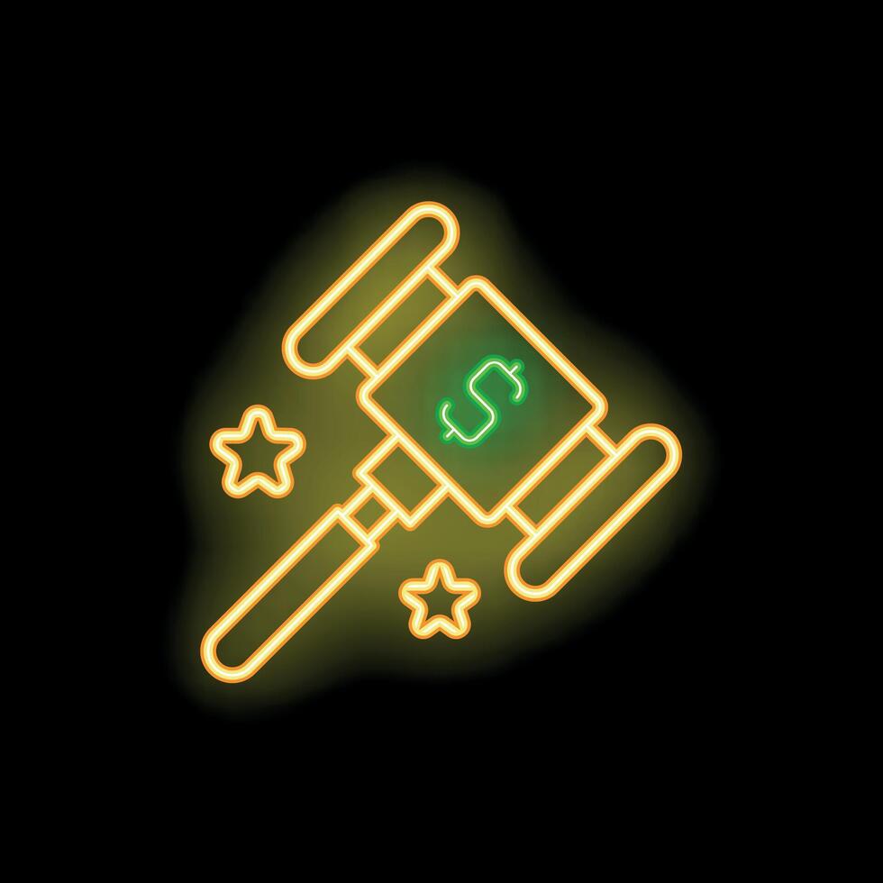 Neon gavel delivering justice with dollar sign on black background vector