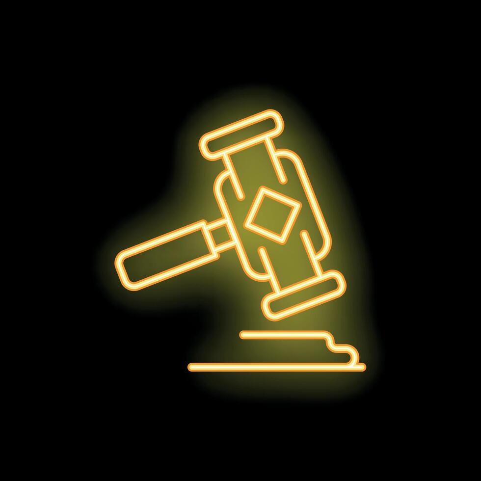 Neon gavel striking surface representing justice and law vector