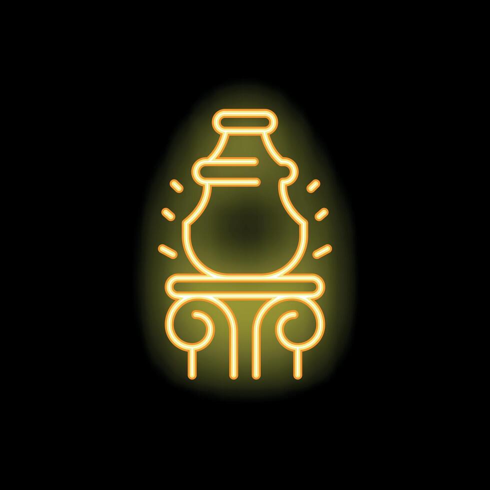 Yellow neon sign of ancient greek amphora on podium shining in the dark vector