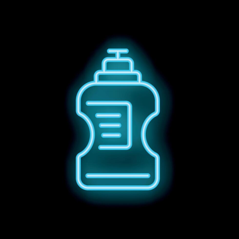 Neon blue icon of a detergent or shampoo bottle glowing on black background vector