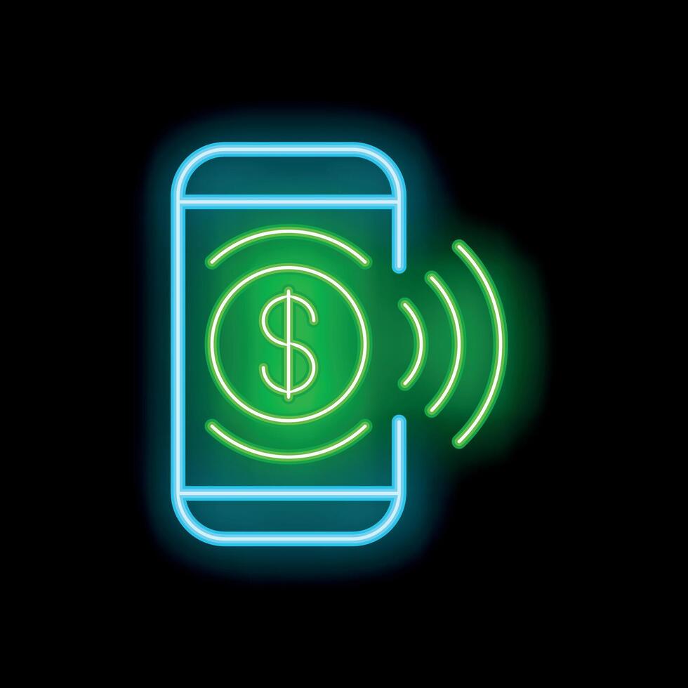 Neon sign representing contactless mobile payment system with dollar sign and nfc waves vector