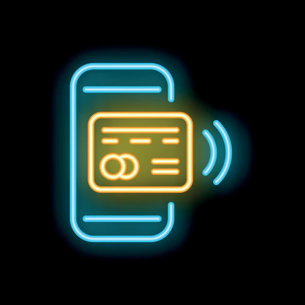 Neon sign representing contactless payment using smartphone and credit card vector