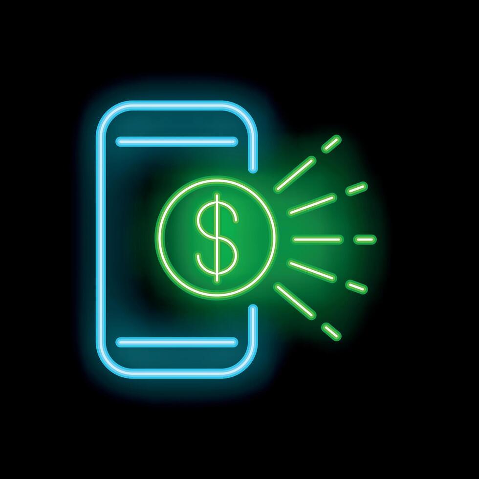 Neon sign mobile phone sending money transfer in dark background vector
