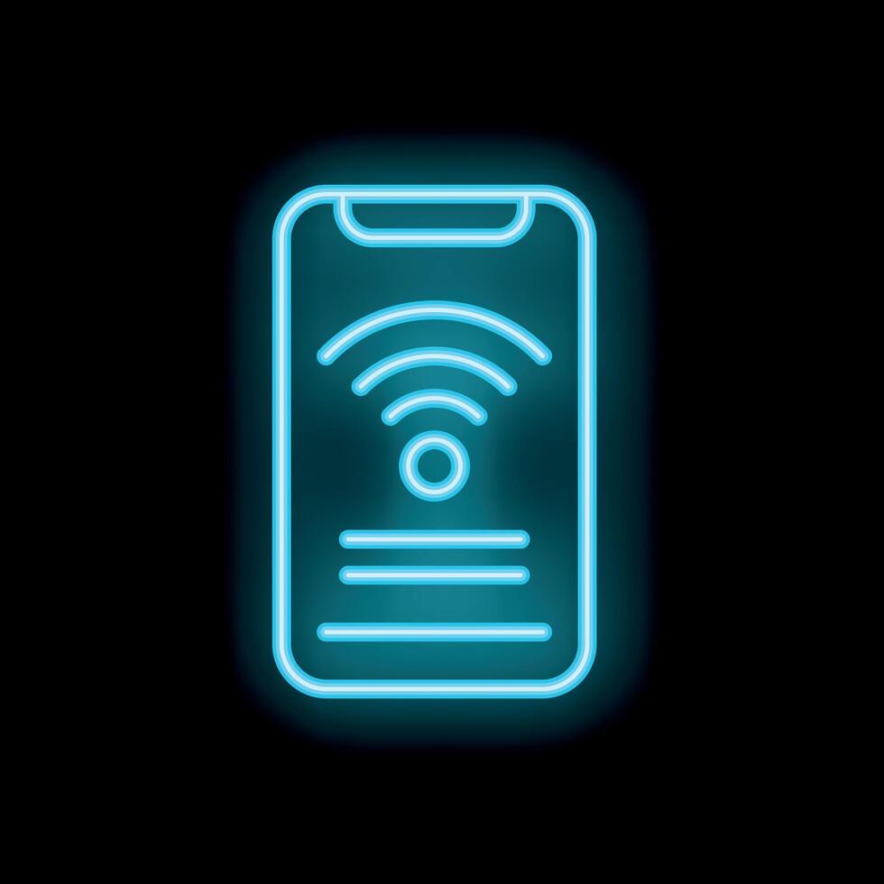 Neon smartphone showing wifi signal icon on black background vector
