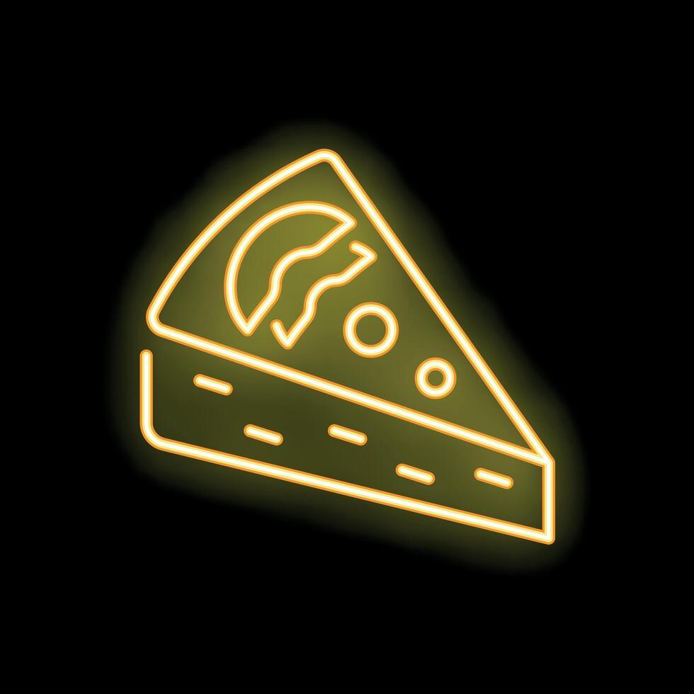 Glowing neon sign of delicious pizza slice on dark background vector