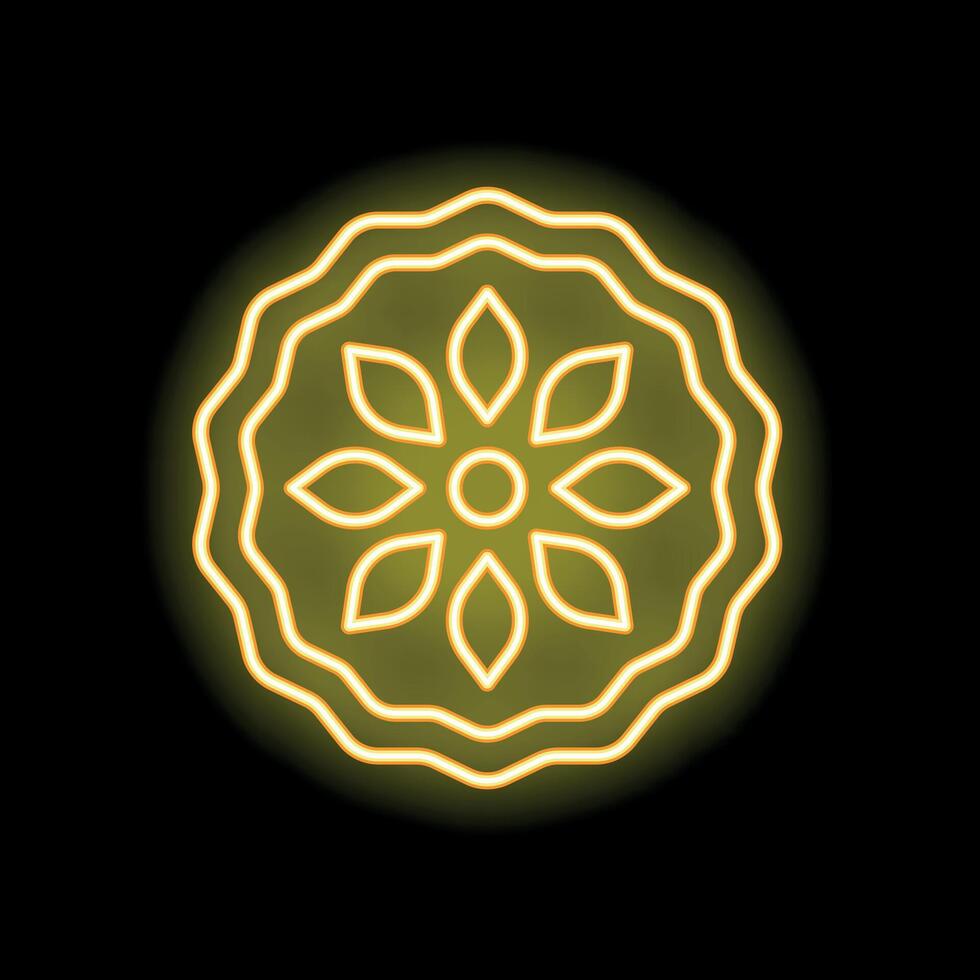 Round glowing yellow neon sign with floral pattern on a black background vector