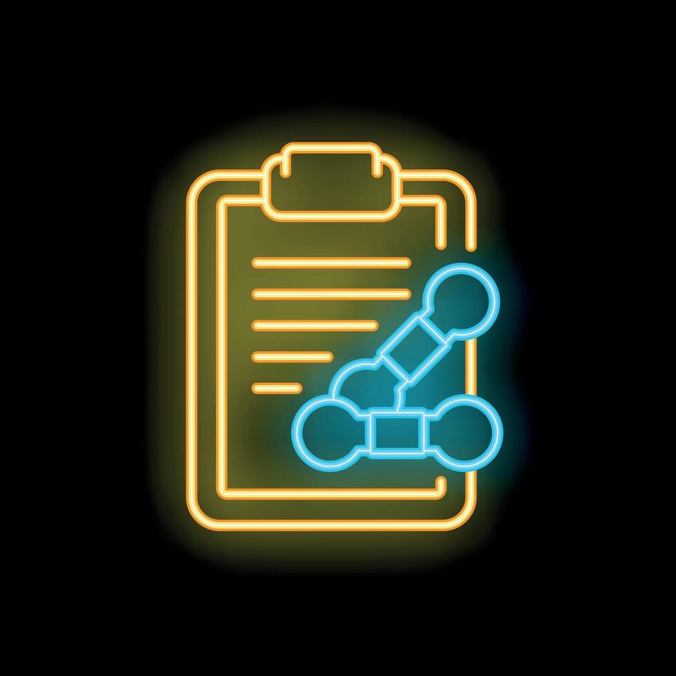 Neon clipboard showing molecular formula icon on black background vector